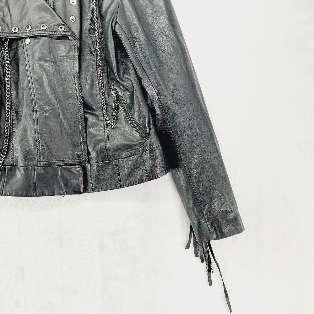 Stella & Jamie Genuine Leather Black Studded Side Zip Fringe Moto Jacket P3275 - Picture 3 of 7